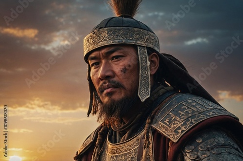 A Mongol warrior of the 14th century at sunset.