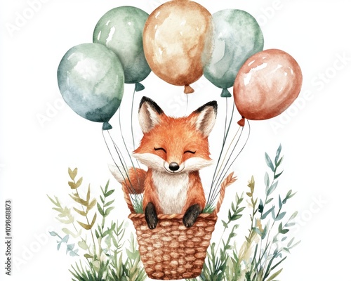 A hand-painted watercolor card depicting a woodland scene with baby animals, trees, birds, a fox, and balloons, perfect for designing baby showers, birthday parties, or celebrating a newborn. photo