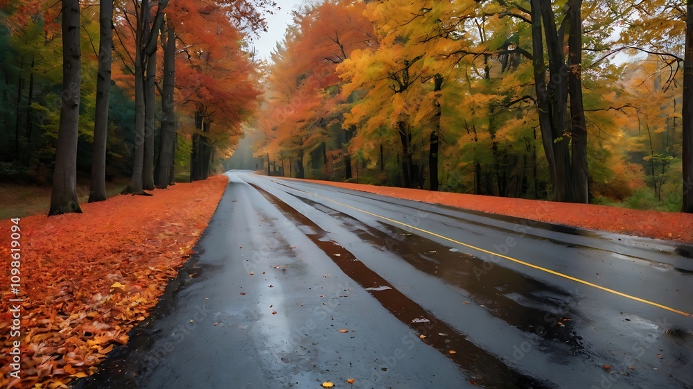 Obraz premium Vibrant autumn leaves cover a rain-soaked road lined with trees in a serene forest setting
