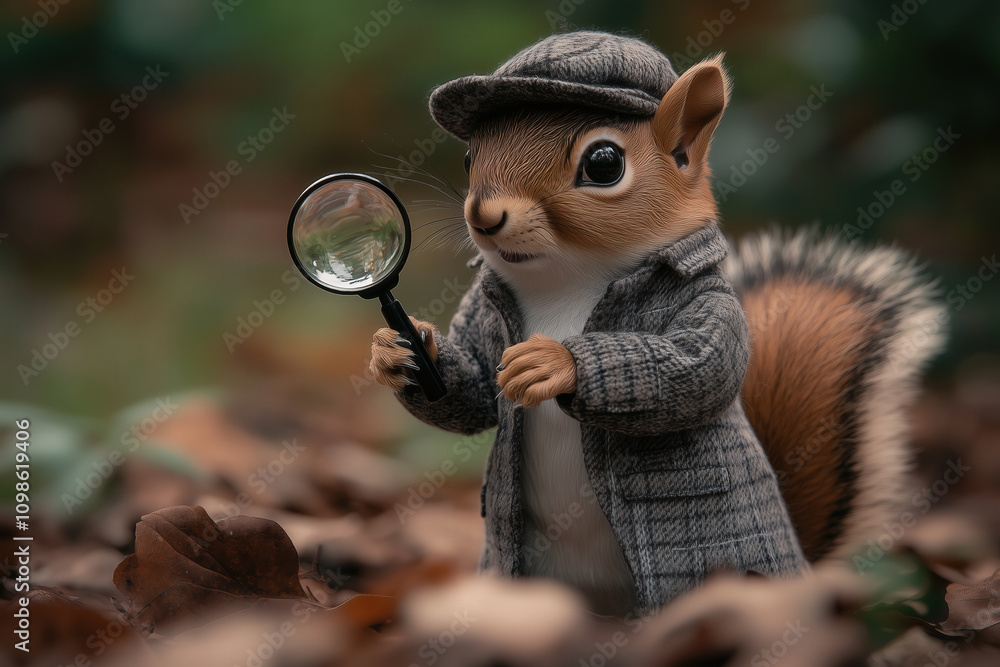 Obraz premium A curious squirrel in a miniature detective coat and hat, holding a magnifying glass on a white background