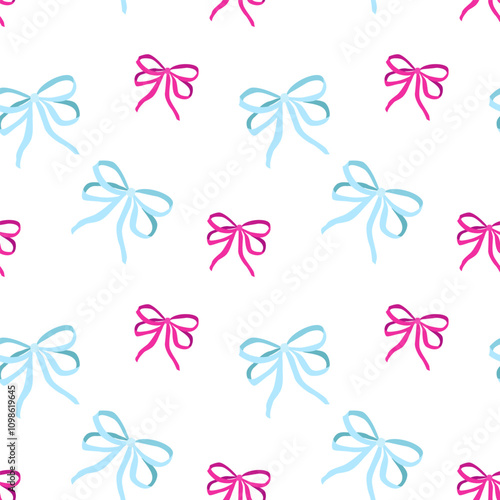 Seamless pattern with various pink and blue cartoon gift bows. Fashionable accessory for hair braiding. Hand drawn illustration. Cotton fabric pattern for sewing, patchwork, printed fabric, textile