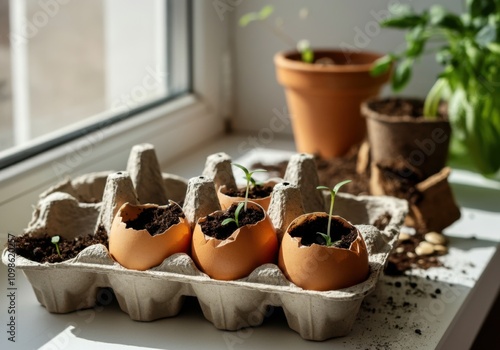 Seedlings are growing in eggshells placed in an egg carton on a sunlit windowsill, promoting sustainable gardening practices photo