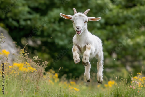 A grinning baby goat jumping around in excitement with its ears flopping photo