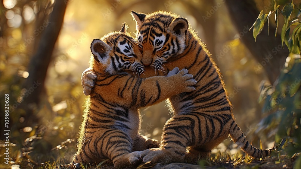Obraz premium A playful scene of tiger cubs wrestling with each other in the wild