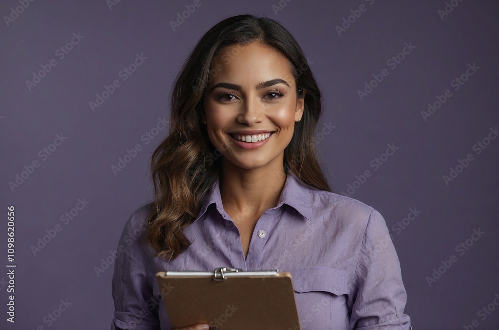Obraz premium A girl, an office worker in a purple blouse and with a tablet.