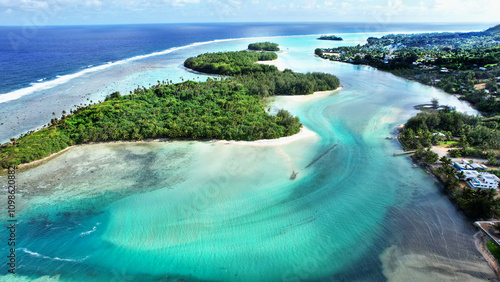 Cook Islands, Rarotonga tropical island Muri beach, aerial view photo