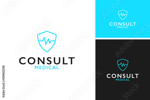 Health consult logo with pulse and shield icon template vector illustration