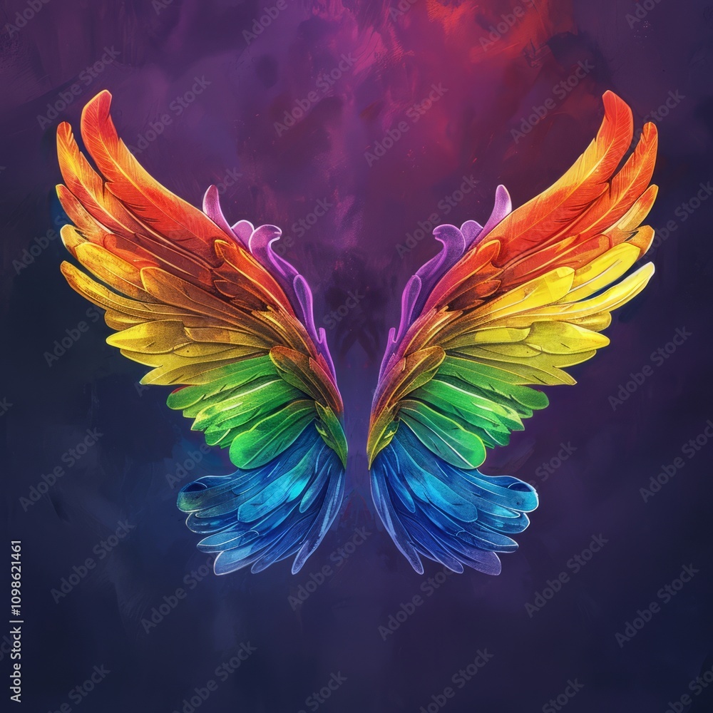 Obraz premium Colorful rainbow wings representing pride, diversity, and inclusivity on a dark artistic background.