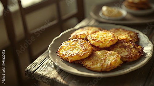 A plate of freshly cooked latkes resting on a rustic table, with soft lighting highlighting the golden brown texture photo