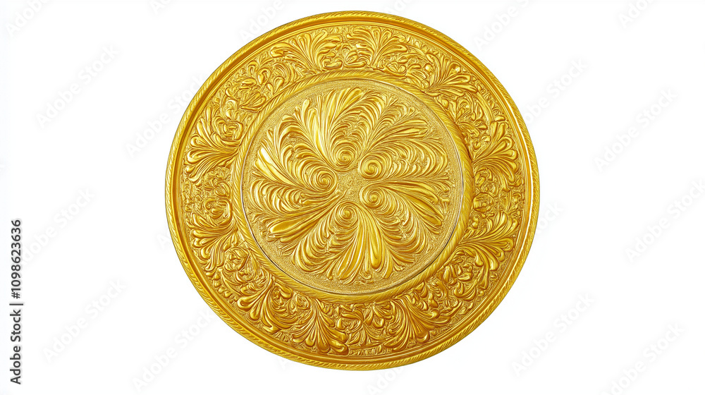 Fototapeta premium A golden circular medallion with intricate engravings, isolated on a clean white background, showcasing sharp and detailed craftsmanship, symbolizing elegance and tradition.