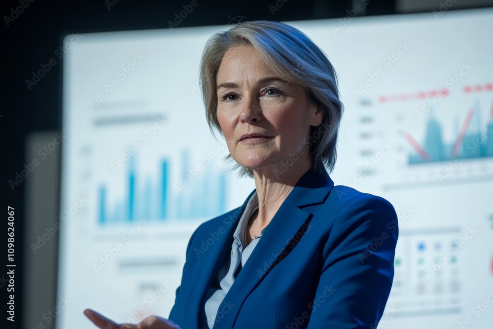 Fototapeta premium Professional woman presenting data analysis in a corporate environment during a business meeting