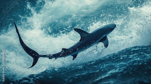 A majestic thresher shark showcasing its long tail in a dynamic pose