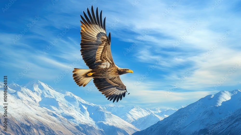 Obraz premium A majestic eagle soaring high above a mountain range under a clear blue sky
