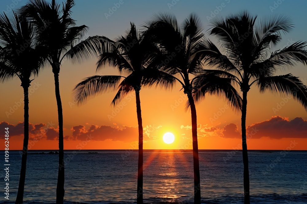 Obraz premium A beautiful sunset over the ocean with palm trees in the background. The sky is a mix of orange and pink hues, creating a serene and calming atmosphere