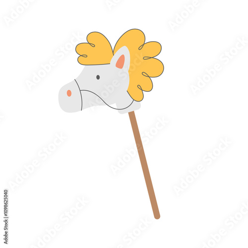 Equipment for hobby horsing. Riding toy animal in the form of a horse head on a wooden stick. Hand drawn vector illustration isolated on white background. 
