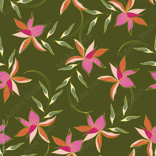 Trendy Floral pattern in the many kind of flowers. Tropical botanical Motifs scattered random. Seamless vector texture. Printing with in hand drawn style on dark background