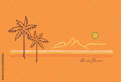 Stylized coastal landscape illustration in minimalist lines. Art in reference to the city of Rio de Janeiro, Brazil.