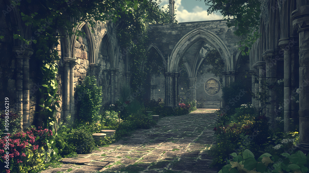 Fototapeta premium 3d rendering of a gothic medieval cloisters and courtyard. Gothic. Illustration