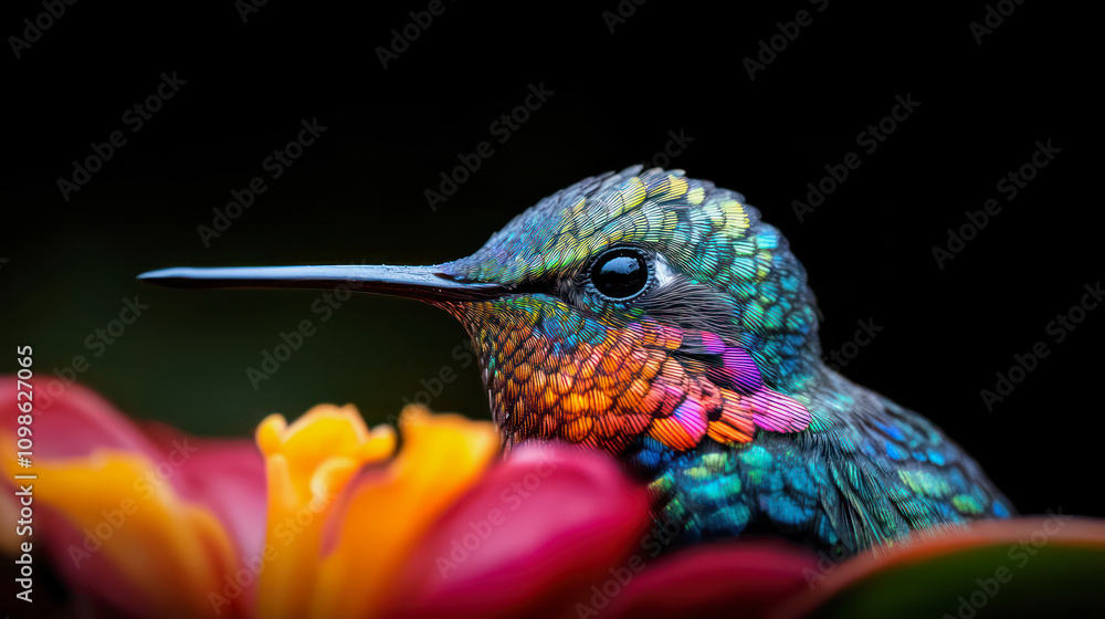 Fototapeta premium Vibrant hummingbird perched among colorful flowers in natural habitat. Generative AI