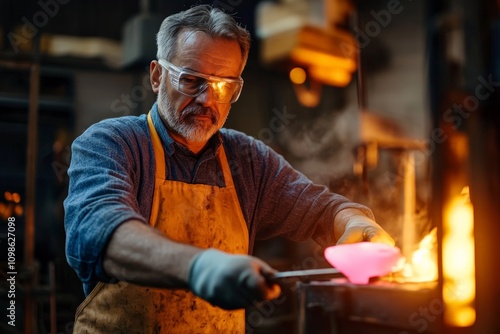 Skilled artisan crafting glass in a minimalist workshop during evening hours photo