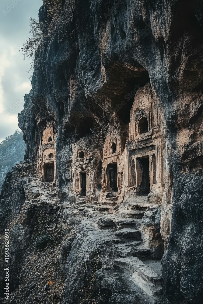 Naklejka premium Ancient rock-cut tombs, cliffside pathway.