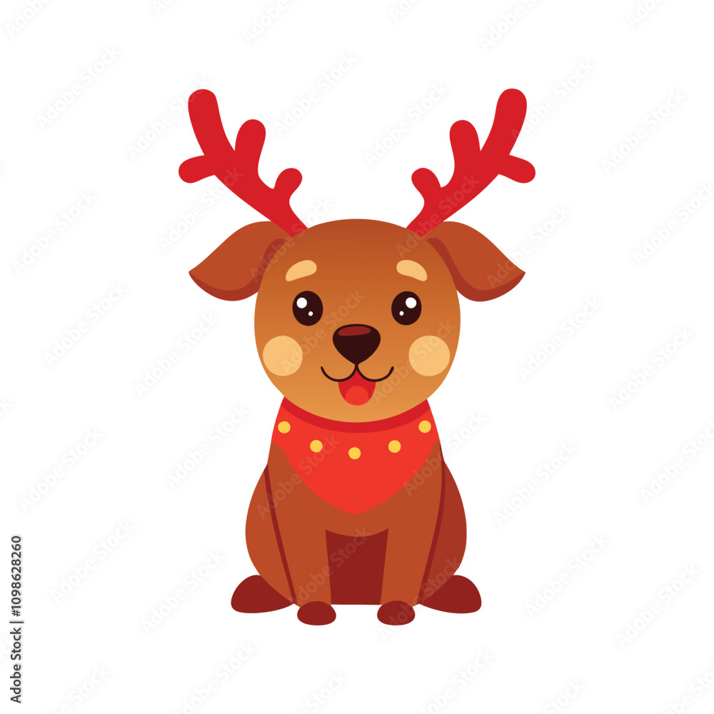 Fototapeta premium Happy Dog with Reindeer Antlers Vector - Adorable Sitting Christmas Pet Illustration on White Background for Festive Decor