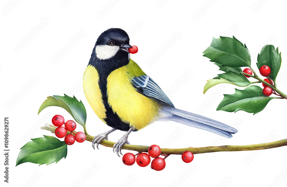 Obraz premium Watercolor illustration of a titmouse sitting on a holly branch