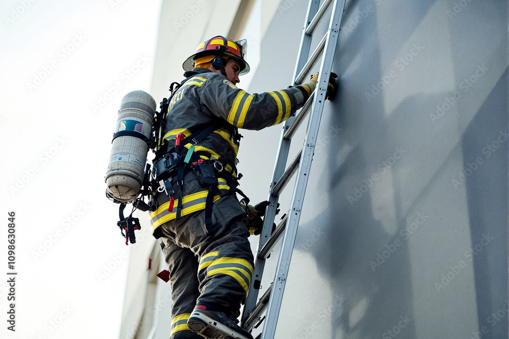 A firefighter climbs a ladder to conduct a crucial response operation in a city. The equipment reflects their readiness A firefighter climbs a ladder to conduct a crucial response operation in a city. The equipment reflects their readiness