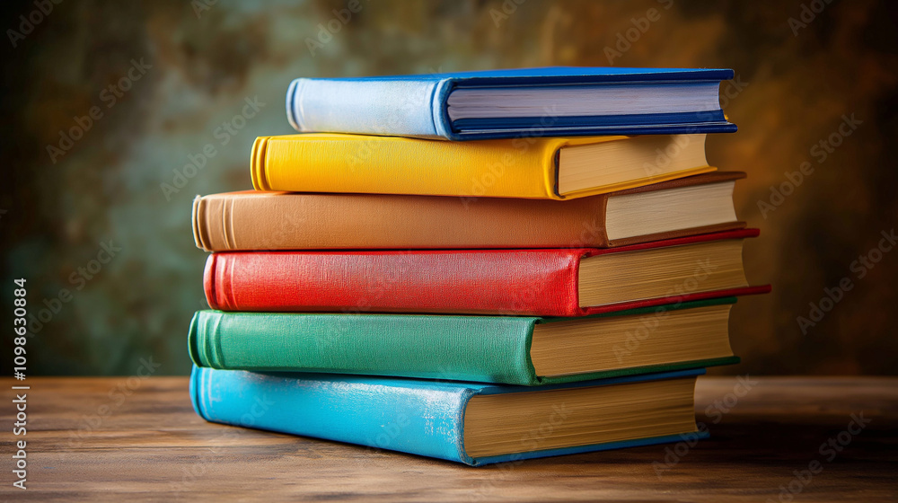 Fototapeta premium a stack of colorful books on a wooden table