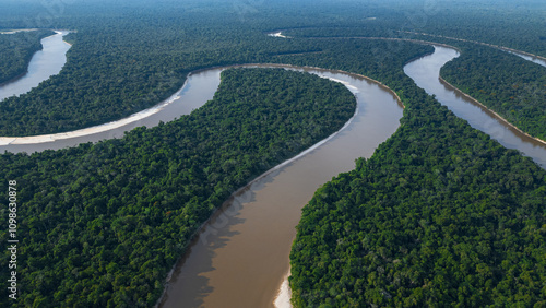 AERIAL IMAGES OF THE AMAZONIAN RIVERS OF THE PERUVIAN AMAZON, MEANDERS OF THE NANAY RIVER IN THE RAINFOREST, A BLACK WATER RIVER IN ALLPAUAYO MISHANA photo