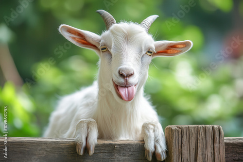 A laughing goat standing on a wooden fence, sticking its tongue out photo