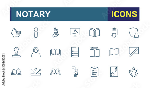 Set of notary line icons. Related to bubble, barrister, glow, contract, flyer, legal, book and more. Thin outline icons pack. Editable vector illustration.