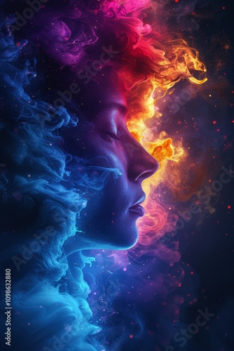 Surreal Portrait of a Woman in Vibrant Multicolored Smoke with Deep Blue and Fiery Hues Illuminating Her Face in Enigmatic Glow