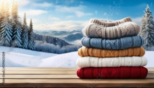 stack of knitted clothes on wooden tableon winter nature background photo