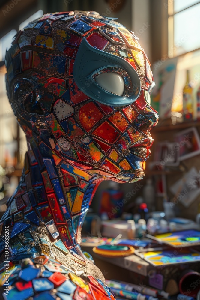 Fototapeta premium Intricate Colorful Mosaic Sculpture of a Human Figure with Superhero Mask in Sunlit Artistic Studio Filled with Paints and Canvases