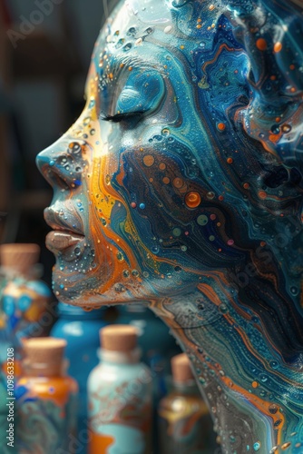 Abstract Artistic Portrait of Woman with Textured Face and Vivid Flowing Colors in Studio Setting Surrounded by Paint Bottlesabstract