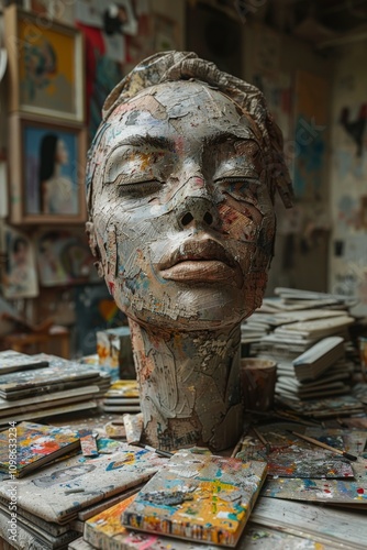 Abstract Artistic Sculpture Head in Creative Studio Filled with Paintings and Art Supplies Showcasing Textured Surfaces and Layers of ColorSculpture