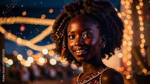 Holiday inspired stunning high resolution photo of young Kenyan beauty surrounded by colorful Christmas lights enjoying the energy of the night photo