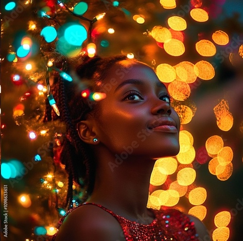 Holiday inspired stunning high resolution photo of young Kenyan beauty surrounded by colorful Christmas lights enjoying the energy of the night photo