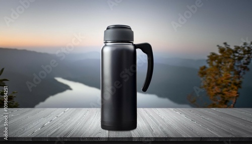 thermo cup mockup reusable coffee travel mug insulated black water bottle fitness or gym product aluminum or steel tumblr template with handle for logo promotion photo