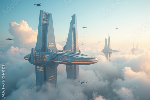 Futuristic Floating City with Sleek Towers and Flying Drones in a Dreamy Cloudscape during Sunrise, Showcasing Advanced Architecture and Technology