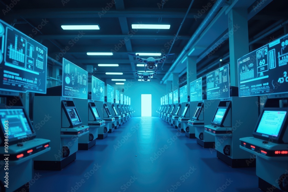 Obraz premium Futuristic Technology Production Environment with Data Screens and Drones Highlighting Time Metrics and Efficiency in Modern Operations