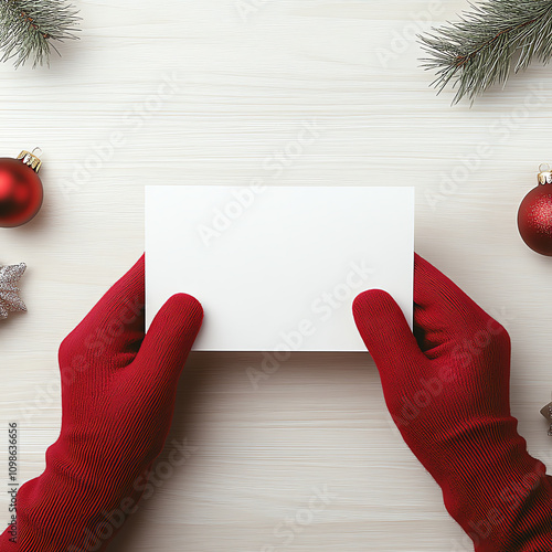 Santa's Hands Holding a Blank Christmas Card Mockup with Holiday Decorations