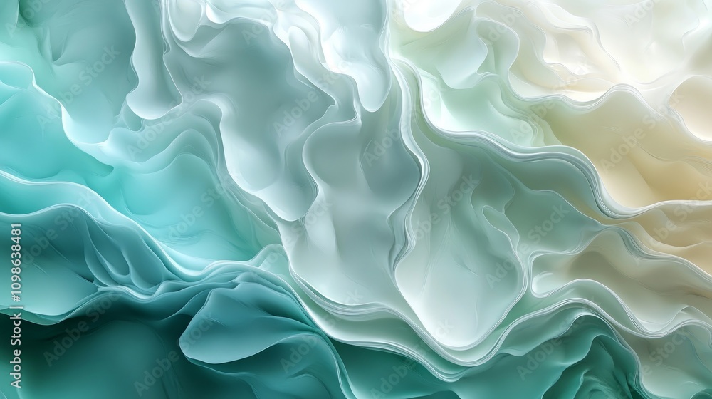Obraz premium Abstract teal and white flowing wave pattern background.