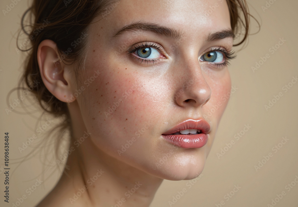 Fototapeta premium Skincare. Closeup of a womans face glowing hydrated skin on beige background closeup, highlighting her eyes and lips