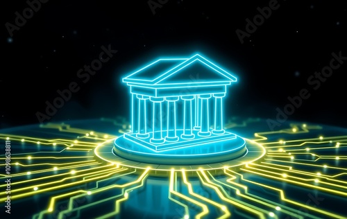 Blue neon glowing outline of a bank building on a dark abstract background, concept of finance and technology. 3D Rendering