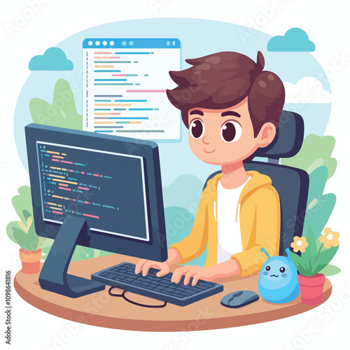 a boy is programming on his pc vector