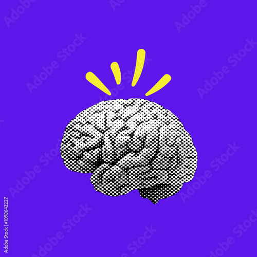 Human brain halftone collage element made of torn out newspaper scrap. Design element in trendy dotted pop art style. Retro halftone effect. Vector illustration with vintage grunge punk cutout shape.
