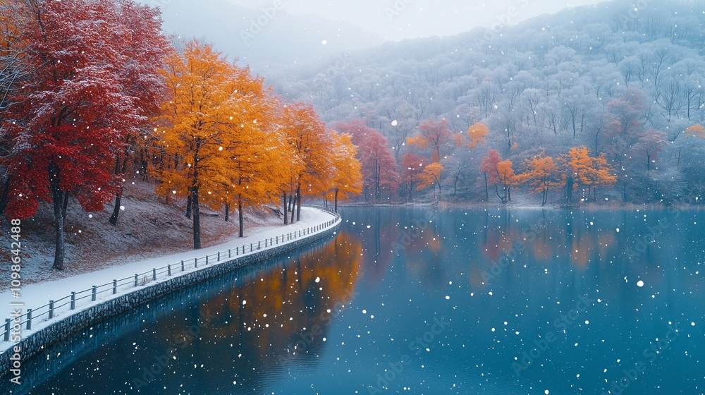 Obraz premium autumn and winter on a lake in the mountains, the ground has snow, the lake has red and yellow trees connected into a piece, cold winter, after the snow