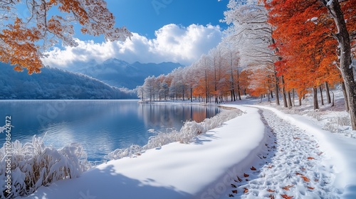 autumn and winter on a lake in the mountains, the ground has snow, the lake has red and yellow trees connected into a piece, cold winter, after the snow